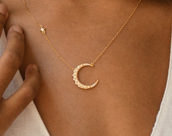 Opal Crescent Moon Necklace by CaitlynMinimalist • Moon Phase Necklace • Celestial Jewelry • Star Necklace • Best Friend Necklace • NR058