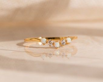 Opal and Diamond Wave Ring by Caitlyn Minimalist • Dainty Chevron Ring • Minimalist Gemstone Stacking Ring • Birthday Gift • RR098