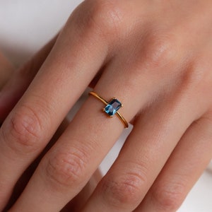 Blue Topaz Birthstone Ring by Caitlyn Minimalist • Vintage Style Emerald Cut Ring • Dainty Blue Crystal Jewelry • Engagement Gift • RR115