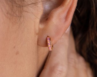 Light Pink Opal Inlay Huggies by Caitlyn Minimalist • Pink Gemstone Opal Hoop Earrings • Minimalist Jewelry for Everyday Wear • ER212