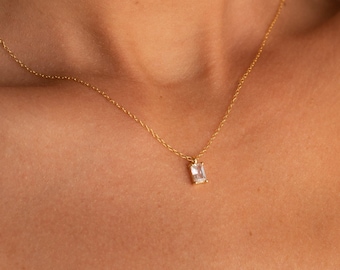 Diamond Necklace by Caitlyn Minimalist • Dainty Emerald Cut Pendant Necklace • Minimalist Necklace • Bridesmaid Wedding Jewelry • NR068