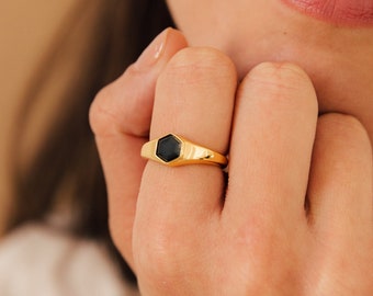 Black Hexagon Signet Ring by Caitlyn Minimalist • Men's Pinky Ring • Statement Black Onyx Enamel Ring, Enamel Jewelry • Gift for Him • RR090