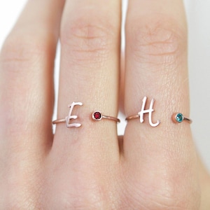 Custom Initial Birthstone Ring • Personalized Sterling Silver Initials Ring • Custom Name Gemstone Mother Ring • Mother Child Ring • RM06F48