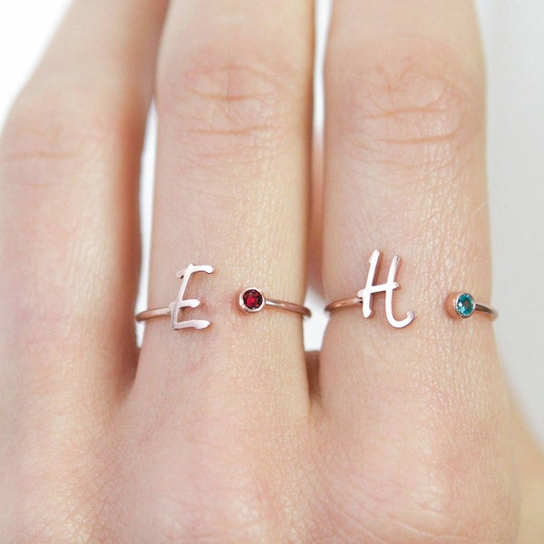 Custom Initial Birthstone Ring • Personalized Sterling Silver Initials Ring • Custom Name Gemstone Mother Ring • Mother Child Ring • RM06F48