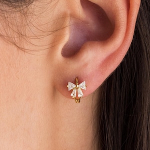 Diamond Ribbon Huggie Earrings by Caitlyn Minimalist • Vintage Butterfly Bow Earrings • Dainty Coquette Jewelry • Gift for Her • ER543