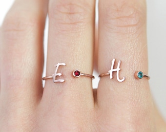 Custom Initial Birthstone Ring • Personalized Sterling Silver Initials Ring • Custom Name Gemstone Mother Ring • Mother Child Ring • RM06F48