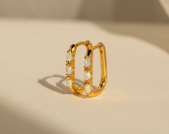 Halo Opal Hoop Earrings by Caitlyn Minimalist • Everyday Gemstone Huggie Earrings • Dainty Opal Birthstone Jewelry • Birthday Gift • ER330
