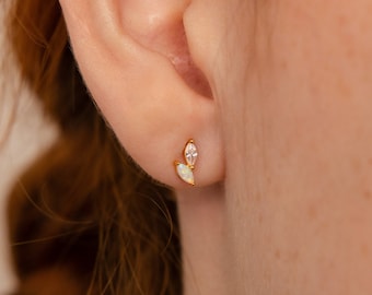 Opal & Diamond Marquise Studs by Caitlyn Minimalist • Tiny Diamond Stud Earrings • Mismatched Birthstone Earrings • Bridesmaid Gifts • ER412