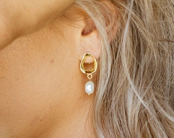 Pearl Wavy Hoop Stud Earrings by Caitlyn Minimalist • Dainty Pearl Drop Earrings • Dangling Earrings • Perfect Bridal Gift • ER223