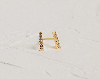 Diamond Bar Stud Earrings • Pave Diamond Earrings • Minimalist Earrings for Everyday • Dainty Gold Earrings • Birthday Gift for Her • ER110