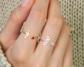 Custom Initial Gemstone Ring • Birthstone Ring • Name Ring • Adjustable Letter Ring • Personalized Gifts • Bridesmaids Gifts • RM06F30
