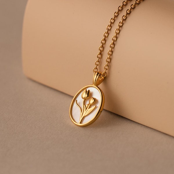 Tulpenkette aus Perlmutt von Caitlyn Minimalist • Halskette mit Blumenanhänger im Vintage-Stil • Zarter Schmuck • Geschenkidee für Mütter • NR249