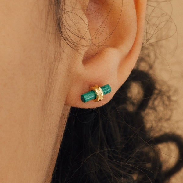 Malachite Bar Stud Earrings by Caitlyn Minimalist • Unique Minimalist Jewelry • Everyday Green Gemstone Earrings • Best Friend Gift • ER214