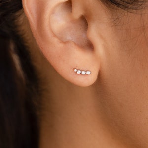 Könnte beinhalten: Nahaufnahme eines Ohrs mit einem kleinen, zarten Reihen von fünf winzigen Diamanten, die in einem dünnen goldenen Stabohrring eingefasst sind.