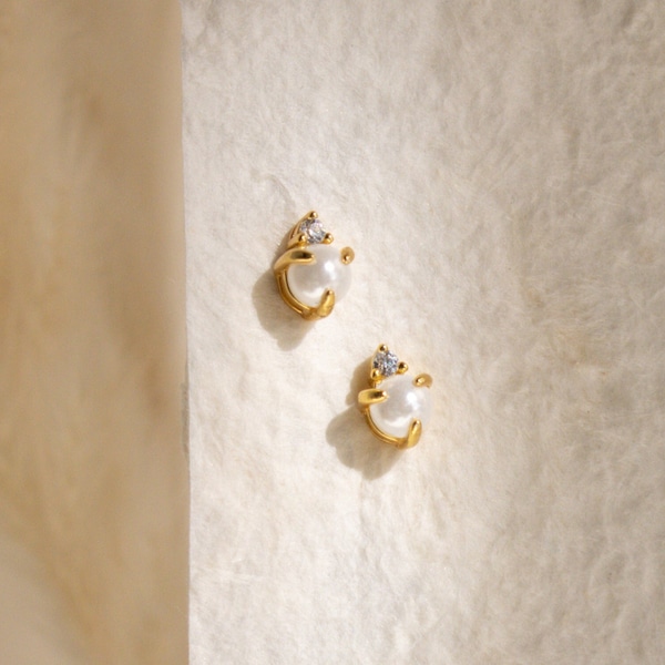 Pearl Stud Earrings by Caitlyn Minimalist • Dainty Diamond Earrings • Wedding Earrings • Vintage Jewelry • Unique Gift for Her • ER184
