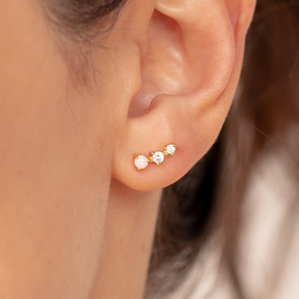 Opal Stud Earrings by Caitlyn Minimalist • Diamond Ear Climber Earrings for Second Hole Piercing • Best Friend Birthday Gift • ER198
