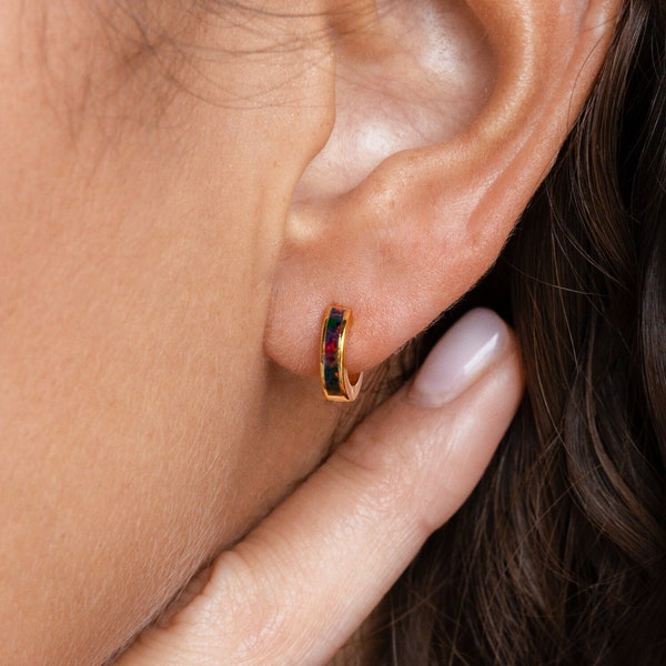 Black Opal Inlay Huggie Hoops by Caitlyn Minimalist • Dainty Black Earrings • Minimalist Opal Jewelry for Everyday Wear, Sister Gift • ER212