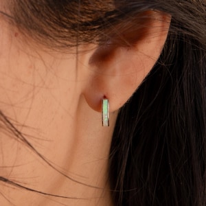 Opal Huggie Hoops by CaitlynMinimalist • White Opal Inlay Hoop Earrings • Dainty Silver Earrings • Bridal Jewelry • Mothers Day Gift • ER349