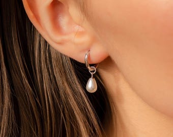 Pearl Drop Huggies by Caitlyn Minimalist • Dangling Pearl Earrings • Silver Hoop Earrings • Dainty Pearl Jewelry • Bridesmaid Gift • ER404