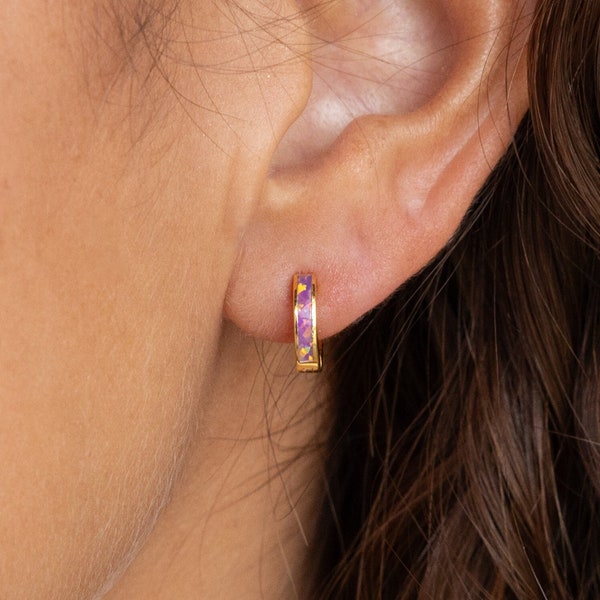 Lavender Opal Inlay Huggies by Caitlyn Minimalist • Purple Gemstone Huggie Hoop Earrings • Summer Jewelry • Bridesmaid Gifts • ER212