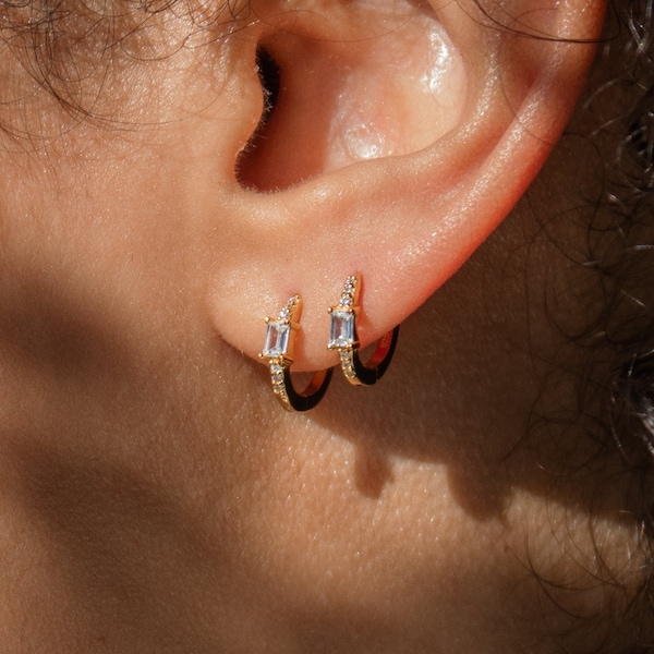 Pave Huggie Hoop Earrings by Caitlyn Minimalist • Baguette Diamond Earrings for Stacking • Wedding Earrings • Bridal Jewelry • ER171
