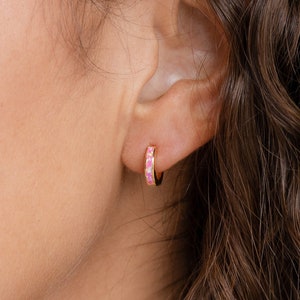 Pink Opal Inlay Huggies by CaitlynMinimalist • Dainty Magenta Pink Hoop Earrings • Everyday Cartilage Hoops • Dainty Gift For Her • ER212
