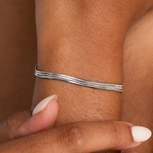 Triple Chain Bracelet by Caitlyn Minimalist • Dainty Layered Herringbone Bracelet • Minimalist Silver Jewelry • Boyfriend Gift • BR068