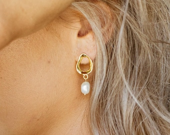 Pearl Wavy Hoop Stud Earrings by Caitlyn Minimalist • Dainty Pearl Drop Earrings • Dangling Earrings • Perfect Bridal Gift • ER223