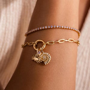 May include: Gold-toned bracelet with a charm featuring a hedgehog design, paired with a delicate tennis bracelet. The bracelets are worn on an arm, showcasing the jewelry's details and sparkle. The hedgehog charm has intricate detailing.