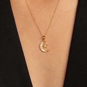 Opal Moon & Star Necklace by Caitlyn Minimalist Crescent Moon Diamond Necklace Celestial Jewelry Best Friend Necklace NR180 18K GOLD