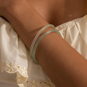 Thin Jade Bangle Set by Caitlyn Minimalist • Green Stackable Bracelets Set of 2 • Natural Gemstone Jewelry • Birthday Gift for Her • BR110