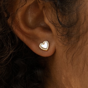 Pearl Heart Stud Earrings by CaitlynMinimalist • Pave Diamond Earrings • Second Hole Earring • Coquette Jewelry • Anniversary Gift • ER161