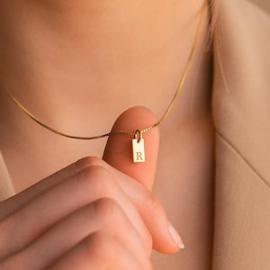 May include: A gold-toned necklace featuring a thin chain and a small, rectangular pendant charm. The pendant is engraved with the capital letter R. The necklace is worn around the neck, with the pendant resting near the collarbone area.