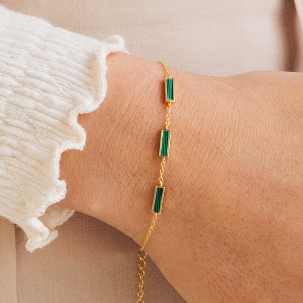 Malachite Bar Charm Bracelet by Caitlyn Minimalist • Dainty Boho Malachite Bracelet • Everyday Gemstone Jewelry • Best Friend Gift • BR020