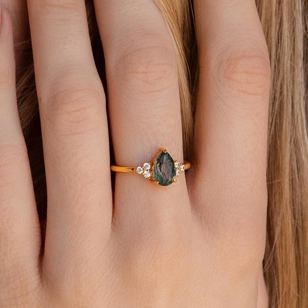 Vintage Agate Teardrop Ring by Caitlyn Minimalist • Dainty Moss Agate & Diamond Cocktail Ring • Art Deco Jewelry • Gift for Mom • RR151