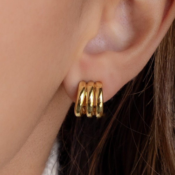 Triple Huggie Earrings by Caitlyn Minimalist • Multi Loop Stud Earrings • Gold Hoop Earrings • Dainty Jewelry • Best Friend Gift • ER692