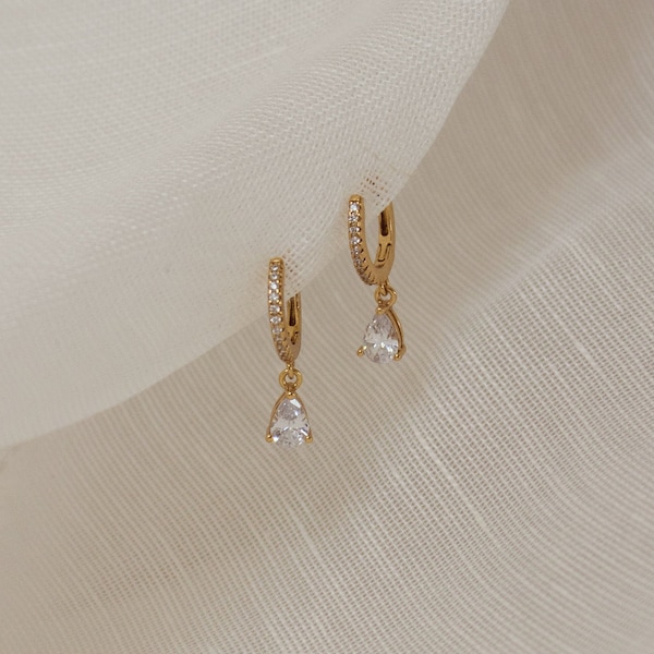 Diamond Hoop Earrings by Caitlyn Minimalist • Dangle Drop Diamond Earrings • Pave Huggie Hoops • Minimalist Earrings • Gift for Her • ER117