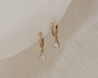 Diamond Hoop Earrings by Caitlyn Minimalist • Dangle Drop Diamond Earrings • Pave Huggie Hoops • Minimalist Earrings • Gift for Her • ER117
