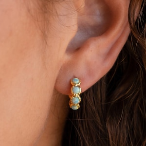 May include: Gold hoop earrings with a row of light blue opal stones.