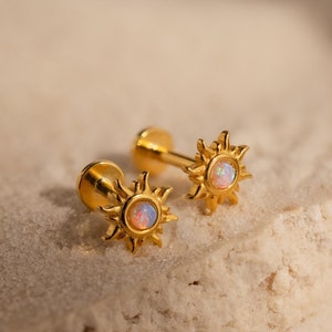 Opal Sun Studs by Caitlyn Minimalist • Celestial Flat-Back Stud Earrings in Gold & Silver • Opal Birthstone Jewelry • Daughter Gift • ER585