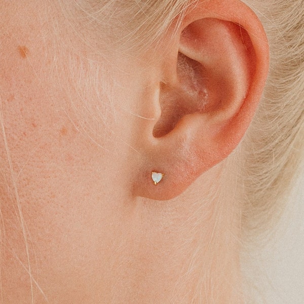 Opal Heart Stud Earrings by Caitlyn Minimalist • Dainty Gemstone Heart Earrings • Opal Jewelry • Birthday Gift for Her • ER234