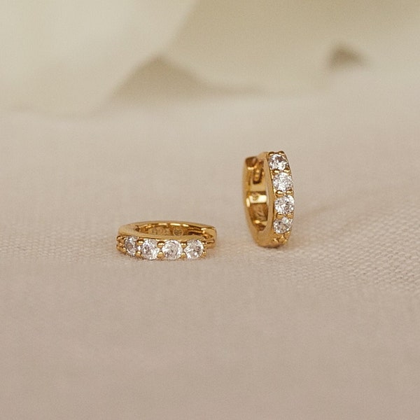 Pave Huggie Hoop Earrings • Diamond Stone Earrings • Small Gold Hoop Earrings • Minimalist Jewelry • Wedding Earrings • Gift for Her • ER111