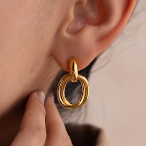 Duo Knot Hoop Earrings by Caitlyn Minimalist • Semi-Circle Stud Earrings with Dangling Knot Hoop • Statement Jewelry • Gift for Her • ER653