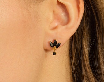 Boucles d'oreilles pétales marquise noirs par Caitlyn minimaliste • Boucles d'oreilles pendantes fleur • Bijoux tendance vintage • Cadeau pour elle • ER328