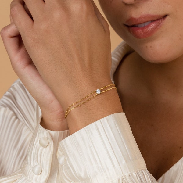 Double Chain Diamond Bracelet by Caitlin Minimalist • Dainty Minimalist Bracelet, Perfect for Everyday Wear • Anniversary Gift • BR037