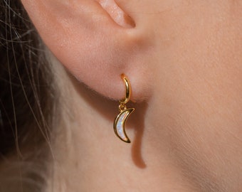 Opal Moon Huggie Hoops by Caitlyn Minimalist • Mini Hoop Earrings with Dangling Celestial Moon • Best Friend Birthday Gift • ER301