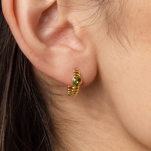 Peridot Heart Huggie Earrings by Caitlyn Minimalist • Small Gold Hoop Earrings with Green Birthstone • Birthday Gift for Friend • ER310