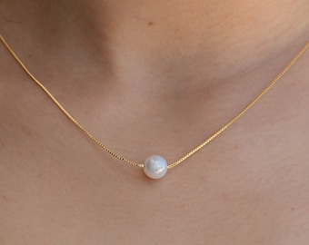 Pearl Pendant Solitaire Necklace by Caitlyn Minimalist • Delicate Box Chain Necklace, Perfect Bridal Jewelry • Wedding Necklace • NR078