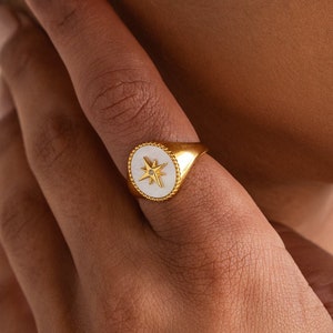North Star Signet Ring by Caitlyn Minimalist • Mother of Pearl Statement Ring in Gold • Celestial Jewelry • Birthday Gift for Her • RR153