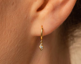 Dangling Hoop Earrings by Caitlyn Minimalist • Diamond Drop Charm Earrings • Gold Huggie Hoops • Dainty Jewelry • Gifts for Her • ER313